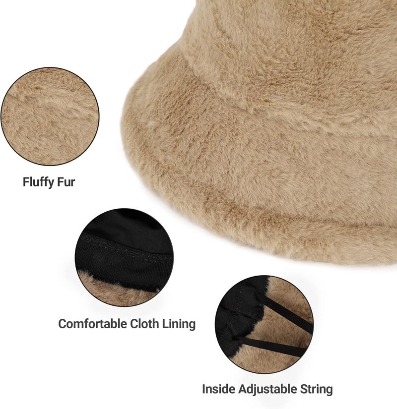 Umeepar Winter Faux Fur Fuzzy Bucket Hat Fluffy Warm Hat for Women Men - Image 4